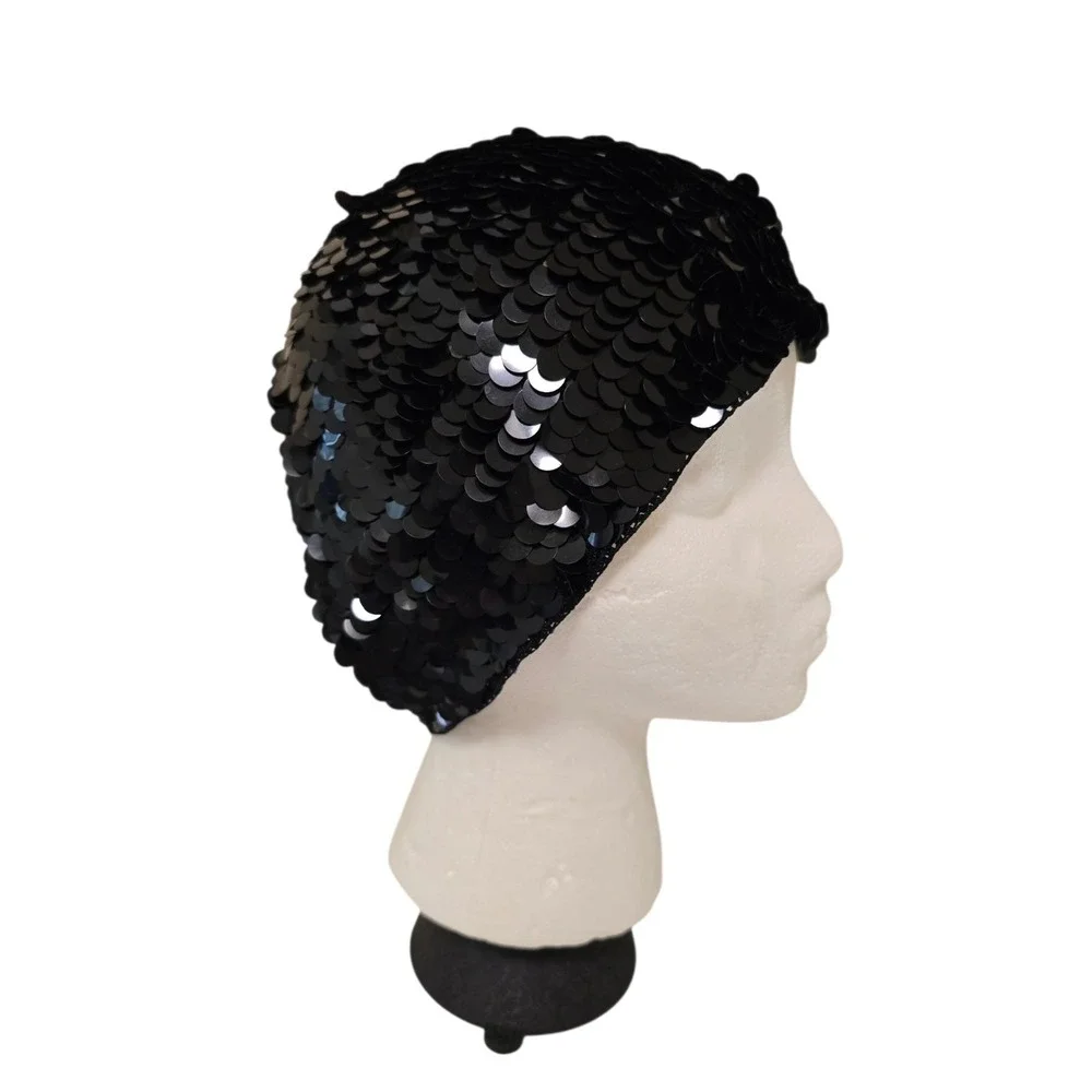 Womens Vintage Black Sequin Beret / Skullcap Hat Made in Italy